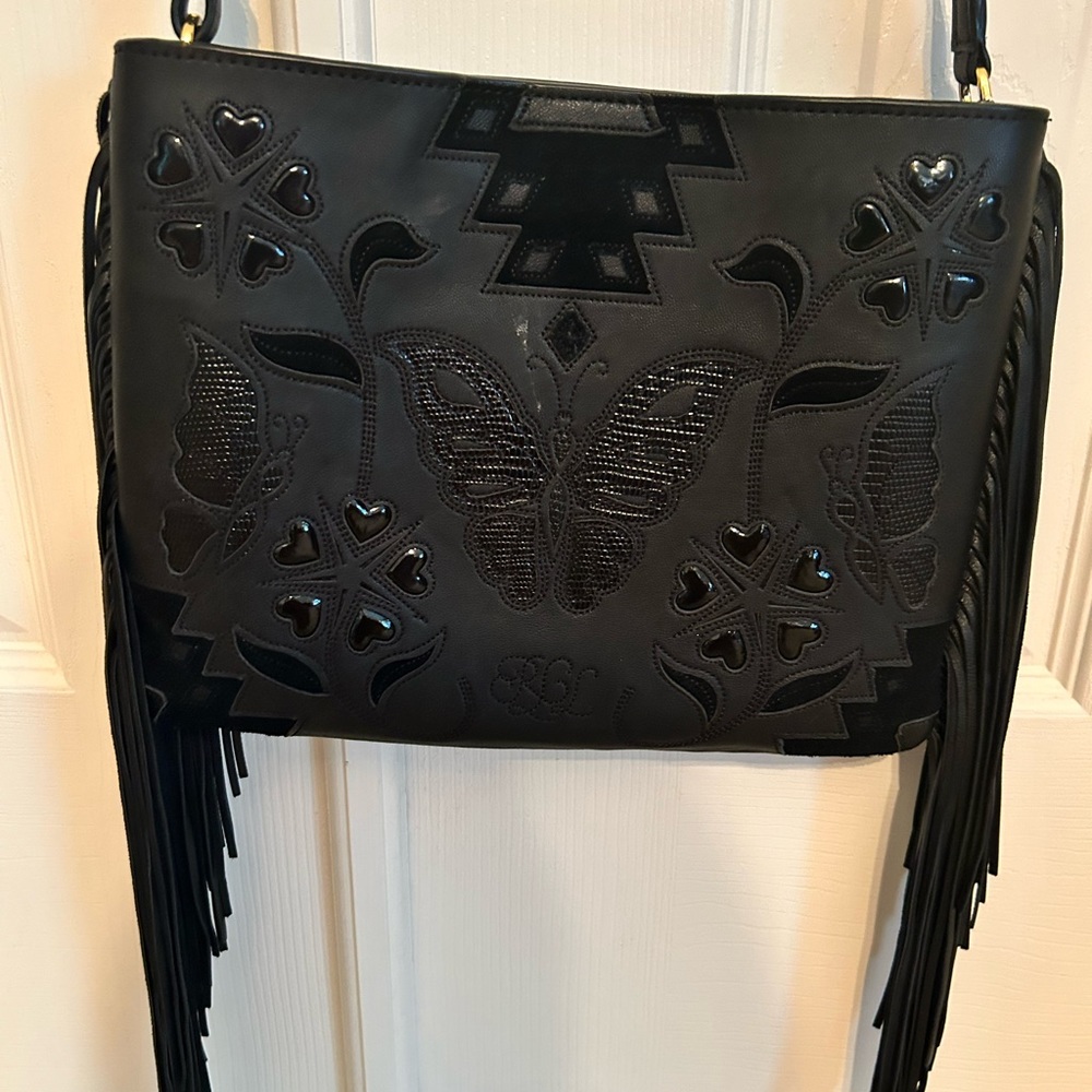 RALPH LAUREN Elaina leather shoulder crossbody fringe handbag.